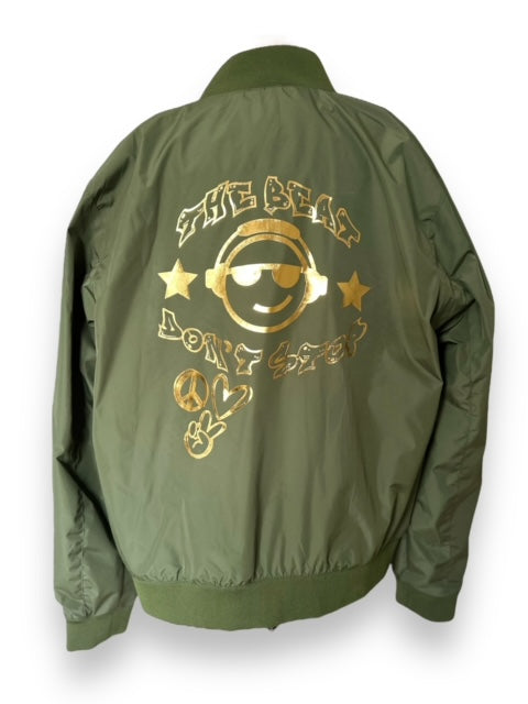 'The beat don't stop' khaki bomber jacket
