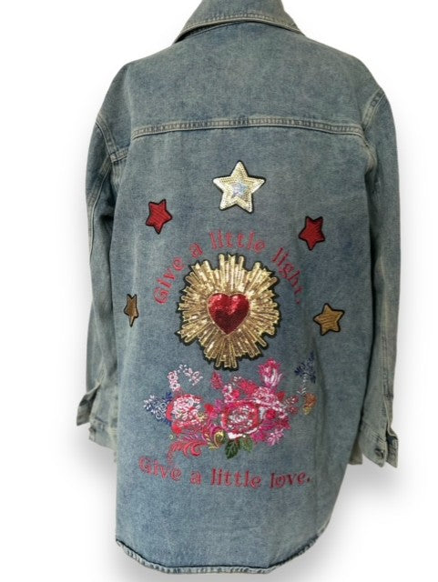 'Give a little love' longline blue denim jacket