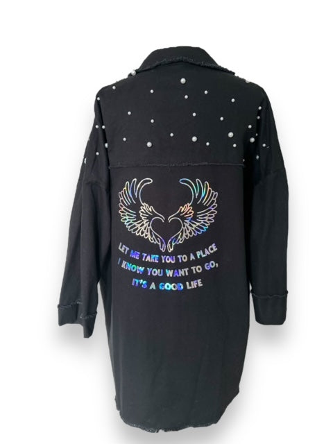 'It's a good life' black, longline denim jacket