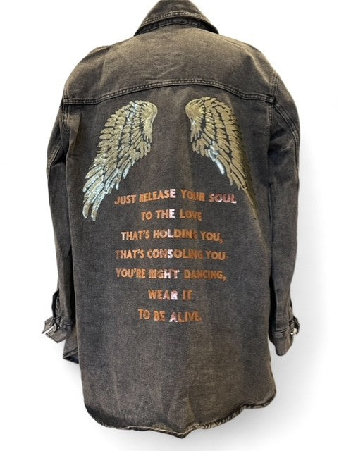 'Just Release Your Soul' Black Denim Longline Jacket