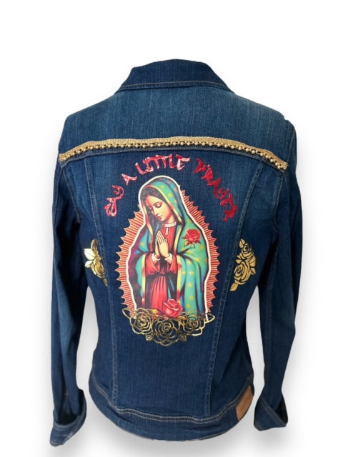 'Say a little prayer' dark blue denim jacket with 'Our Lady' detail