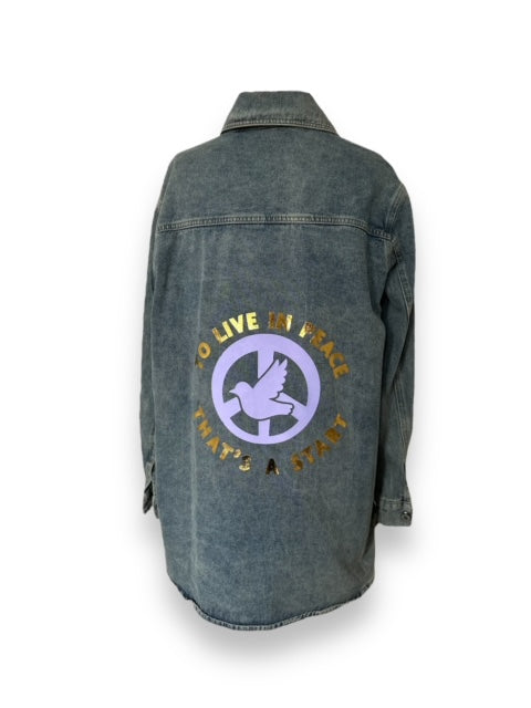 'To live in peace' blue denim longline jacket