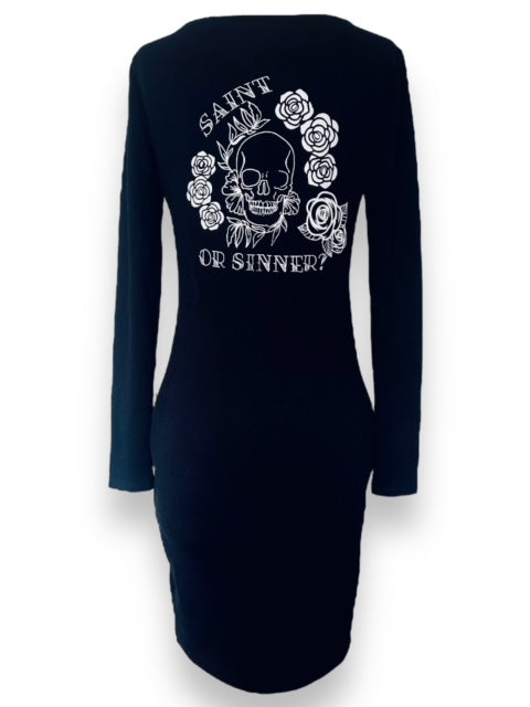 'Saint or sinner?' Black bodycon dress