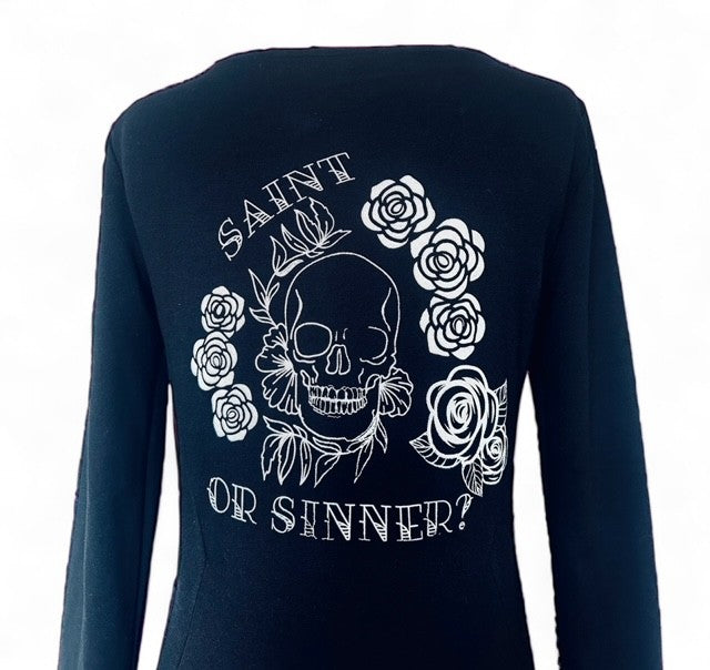 'Saint or sinner?' Black bodycon dress