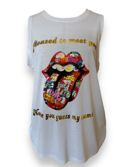 'Pleased to meet you, hope you guess my name' white vest top